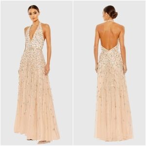 Mac Duggal Pink Floral Embellished Halter Strap A Line Gown